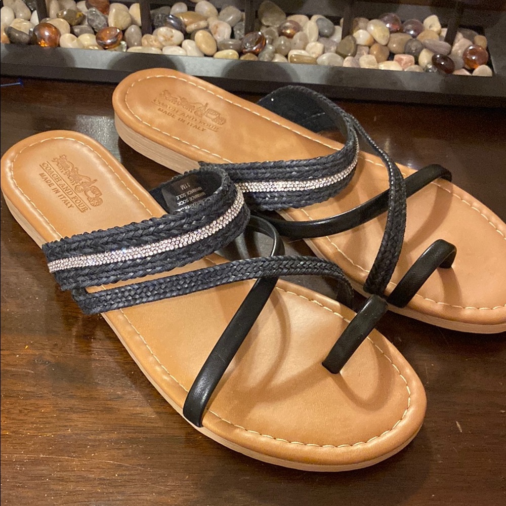 Dark Blue and Tan Sandals with Crisscross Straps - Picture 1 of 5